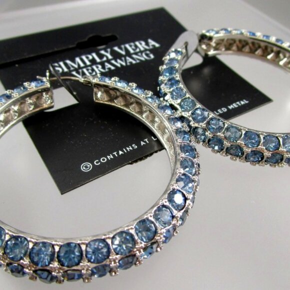 VERA WANG Glamorous Silver Blue Rhinestone Crystal 1.9" Hoop Earrings**NEW! - Picture 2 of 5